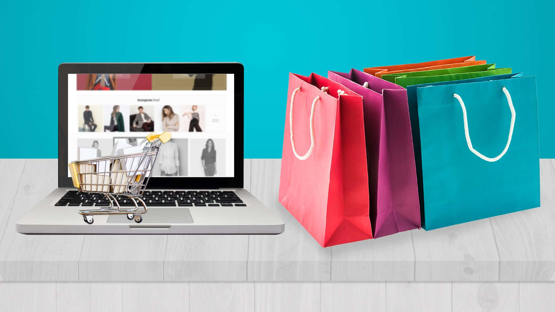 cart, laptop, and bags